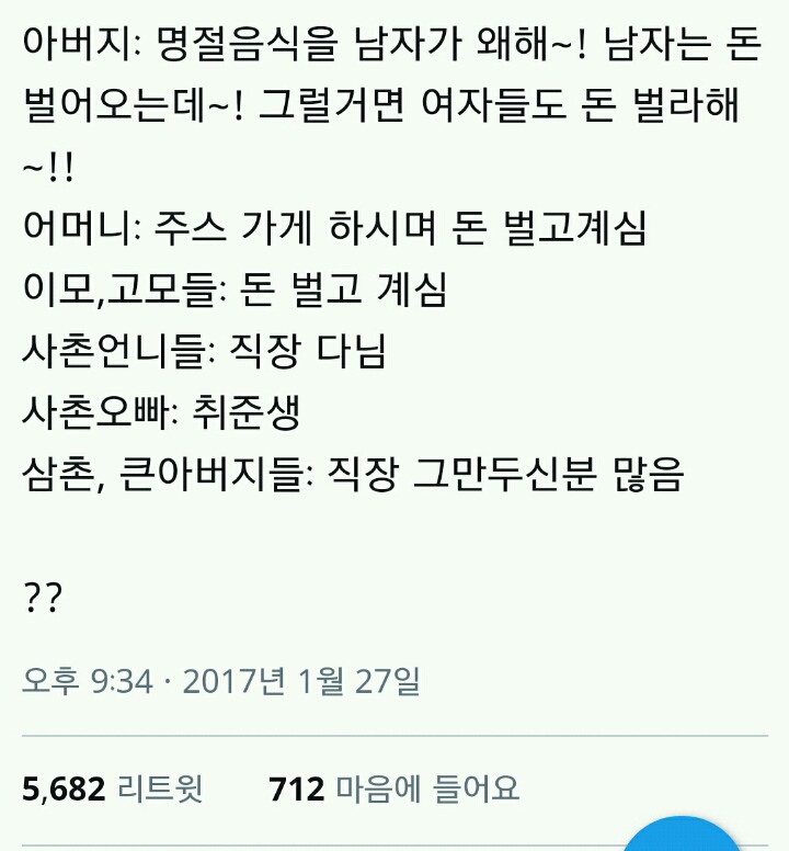 명절 음식을 남자가 왜 해 남자는 돈 벌어오는데 twt | 인스티즈